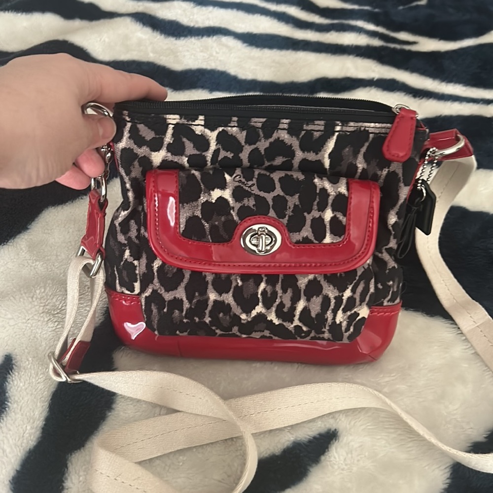 Coach Leopard Print Crossbody with Red Patent Trim and Cream Strap